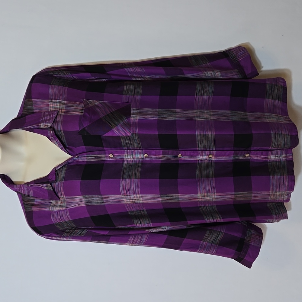 Cato Purple Plaid Button Down Shirt Size 26W / 28W Rayon Roll Tab Sleeve